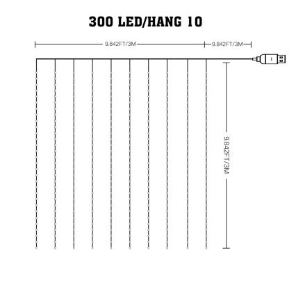 LED RGB Ljusreglerad Julgardin WIZARD 300xLED/USB 3x3m + fjärrkontroll