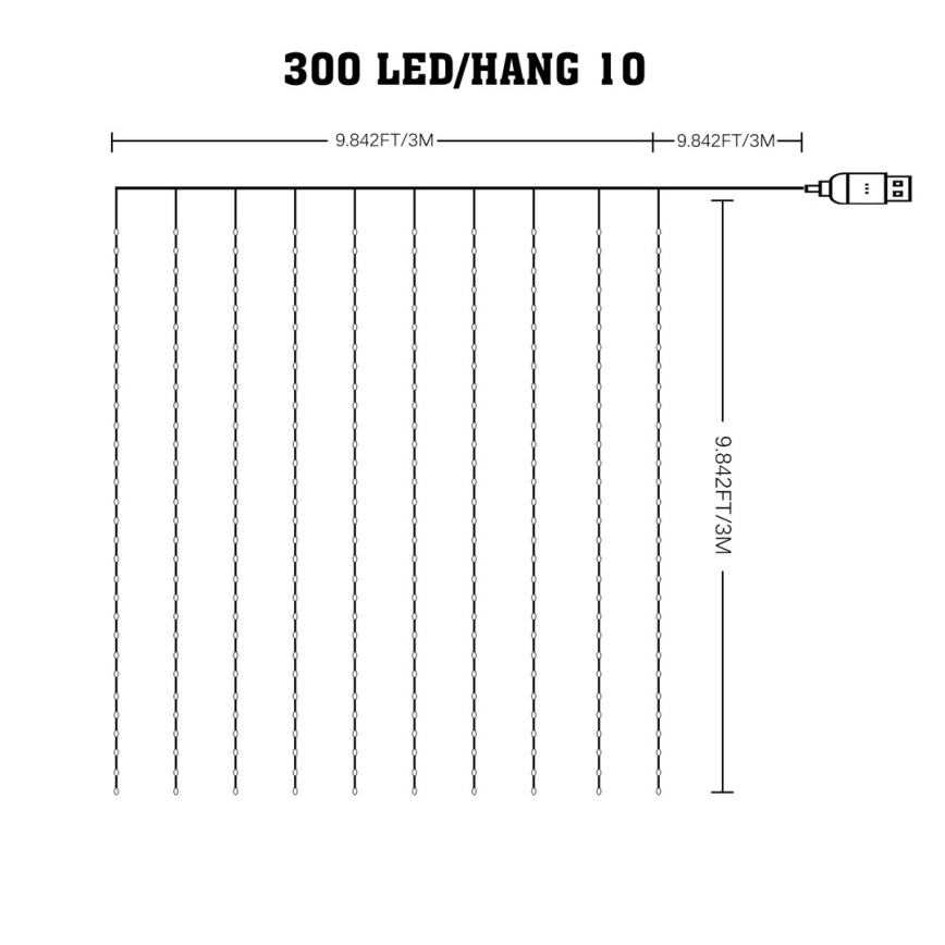 LED RGB Ljusreglerad Julgardin WIZARD 300xLED/USB 3x3m + fjärrkontroll
