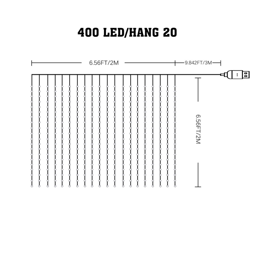 LED RGB Ljusreglerad Julgardin WIZARD 400xLED/USB 2x2m + fjärrkontroll