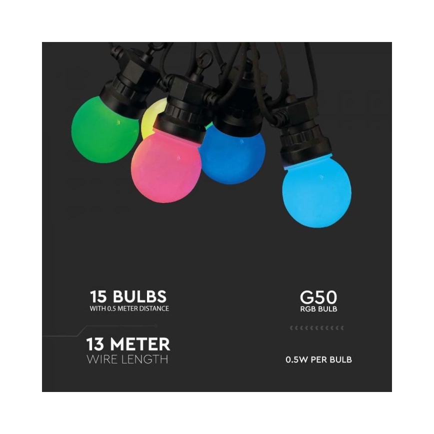 LED RGB Utomhusslinga STRING 13 m 15xLED/0,5W/230V IP44 + fjärrkontroll