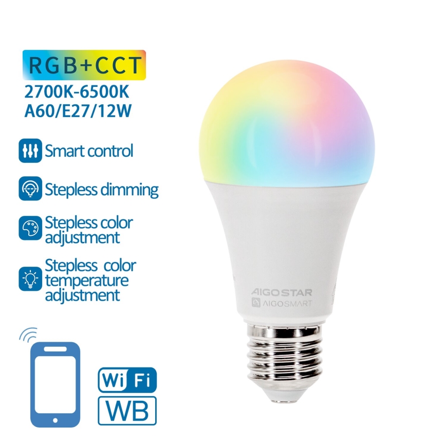 LED RGBW dimbar lampa A60 E27/12W/230V 2700-6500K Wi-Fi - Aigostar