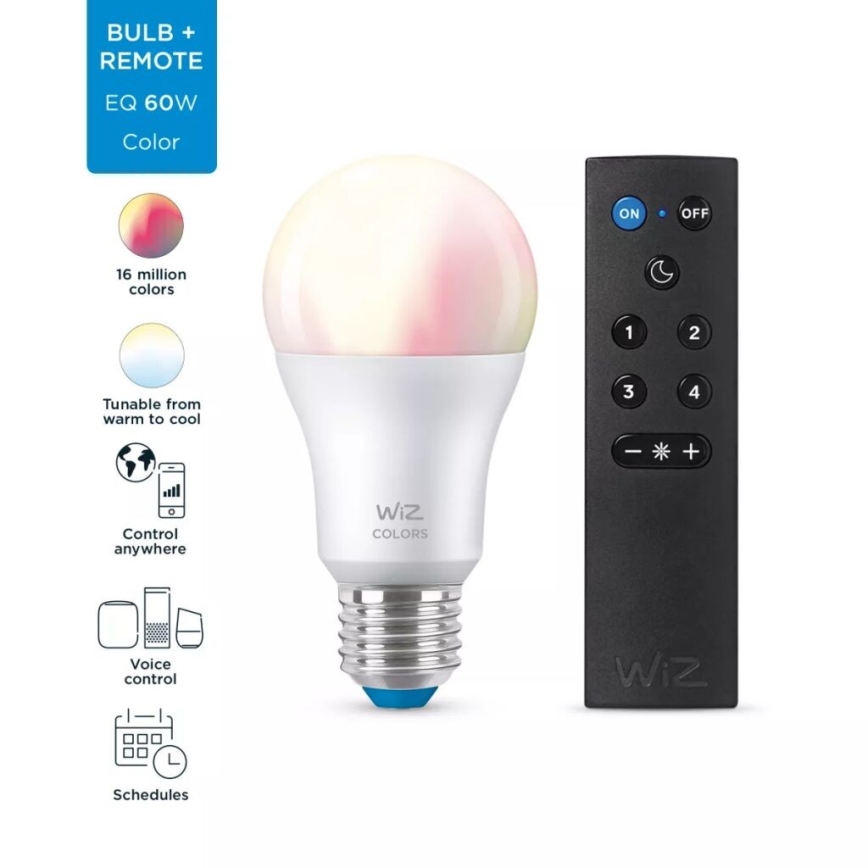 LED RGBW dimbar lampa A60 E27/8,5W/230V 2200-6500K  CRI 90 Wi-Fi + fjärrkontroll - WiZ