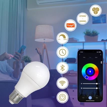 LED RGBW dimbar lampa A60 E27/9W/230V 2700-6500K Wi-Fi Tuya