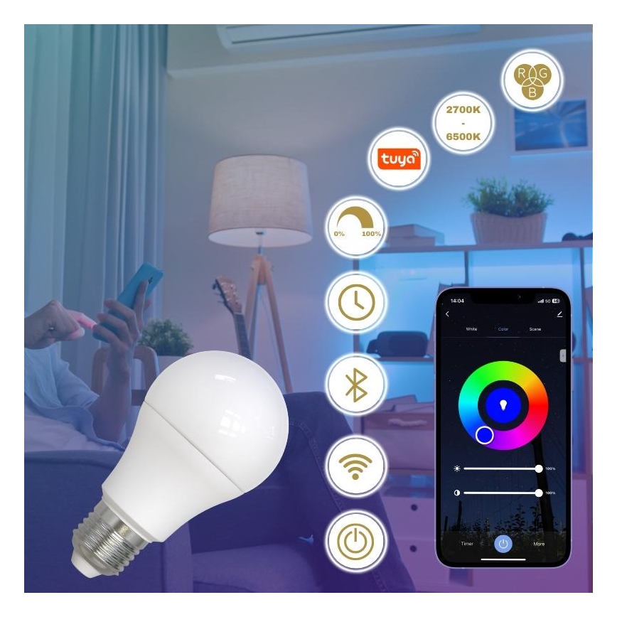 LED RGBW dimbar lampa A60 E27/9W/230V 2700-6500K Wi-Fi Tuya