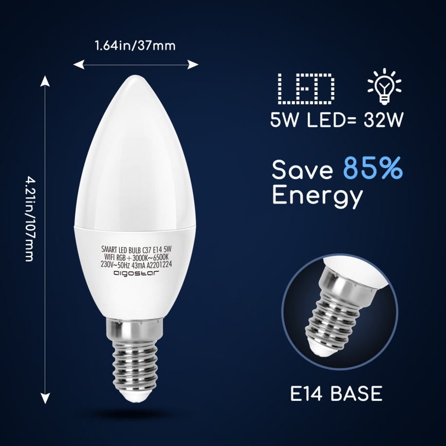 LED RGBW dimbar lampa C37 E14/5W/230V 3000-6500K Wi-Fi - Aigostar