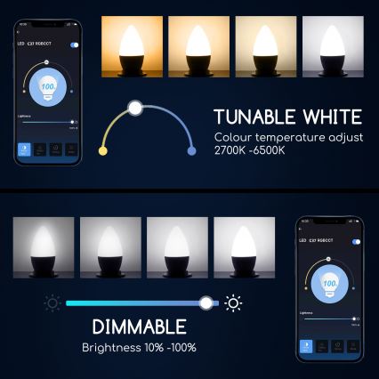 LED RGBW dimbar lampa C37 E27/5W/230V 3000-6500K Wi-Fi - Aigostar