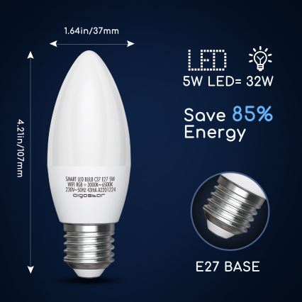 LED RGBW dimbar lampa C37 E27/5W/230V 3000-6500K Wi-Fi - Aigostar