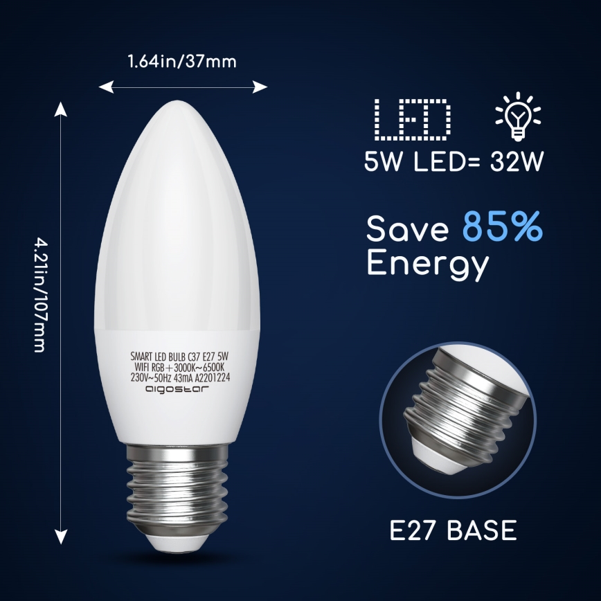 LED RGBW dimbar lampa C37 E27/5W/230V 3000-6500K Wi-Fi - Aigostar