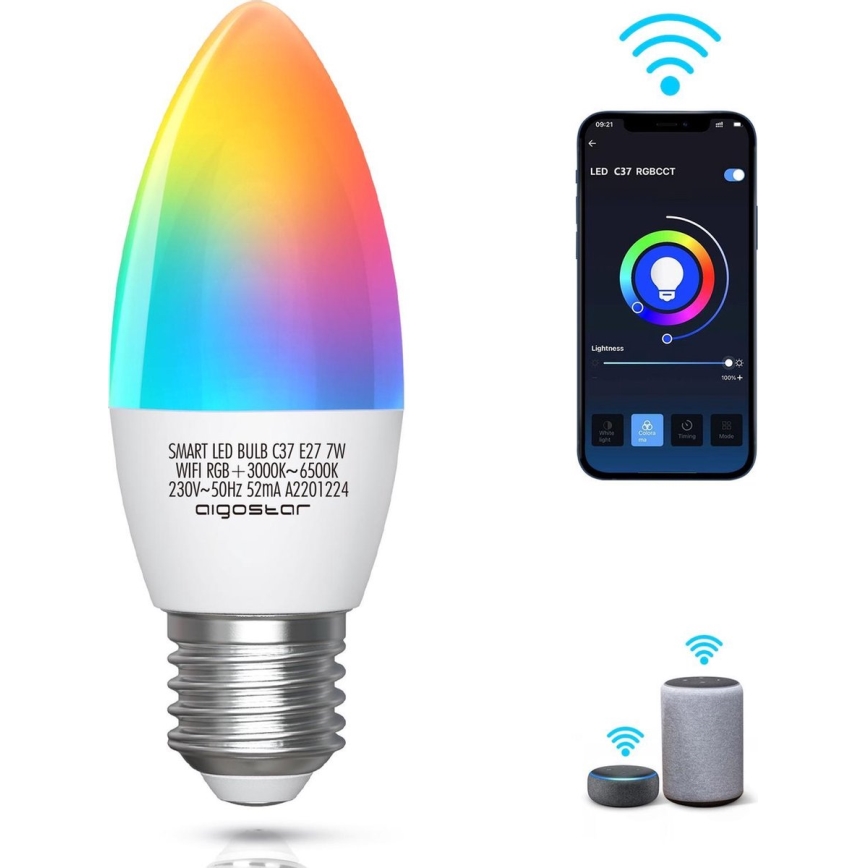 LED RGBW dimbar lampa C37 E27/7W/230V 3000-6500K Wi-Fi - Aigostar