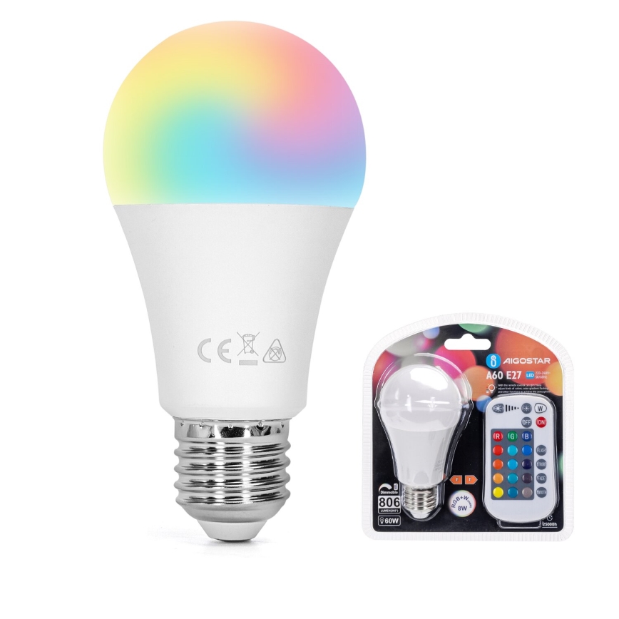 LED RGBW dimbar lampa E27/8W/230V 3000K + fjärrkontroll - Aigostar