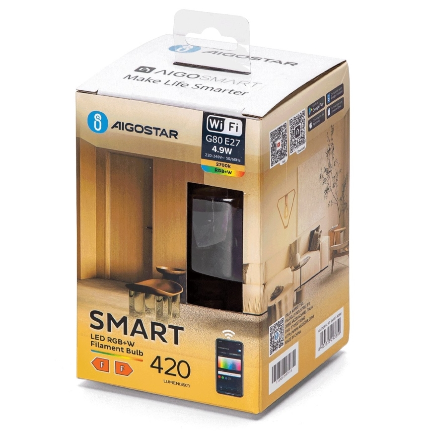 LED RGBW dimbar lampa FILAMENT G80 E27/4,9W/230V 2700K Wi-Fi - Aigostar