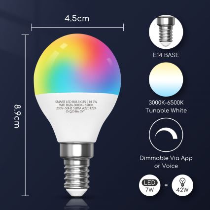 LED RGBW dimbar lampa G45 E14/7W/230V 3000-6500K Wi-Fi - Aigostar