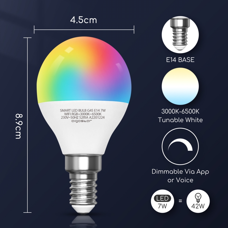 LED RGBW dimbar lampa G45 E14/7W/230V 3000-6500K Wi-Fi - Aigostar