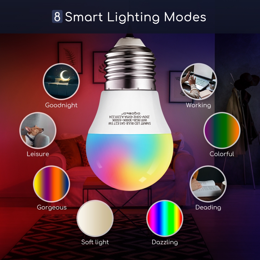 LED RGBW dimbar lampa G45 E27/5W/230V 3000-6500K Wi-Fi - Aigostar