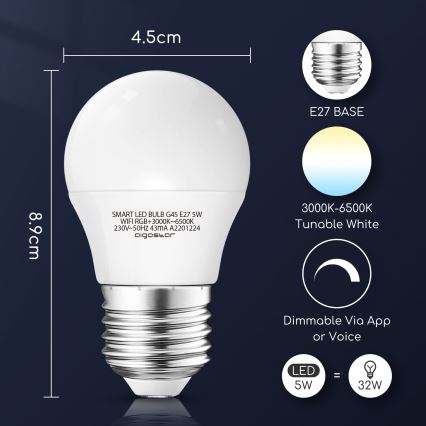 LED RGBW dimbar lampa G45 E27/5W/230V 3000-6500K Wi-Fi - Aigostar