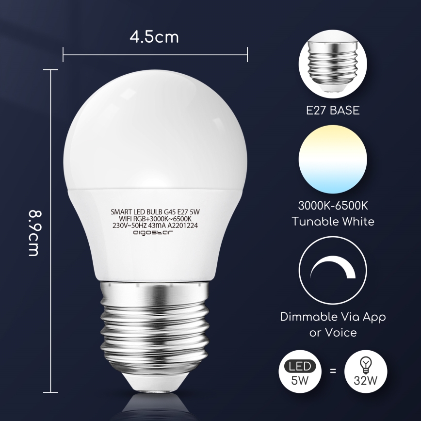 LED RGBW dimbar lampa G45 E27/5W/230V 3000-6500K Wi-Fi - Aigostar