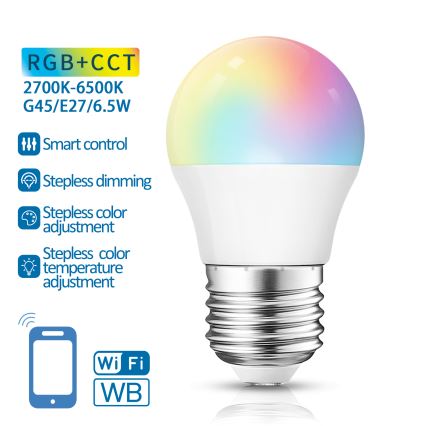 LED RGBW dimbar lampa G45 E27/6,5W/230V 2700-6500K Wi-Fi - Aigostar