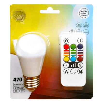 LED RGBW dimbar lampa E27/6W/230V 3000K + fjärrkontroll - Globo