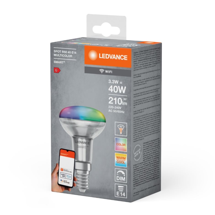 LED RGBW Ljusreglerad strålkastare glödlampa SMART+ R50 E14/3,3W/230V 2700-6500K Wi-Fi - Ledvance