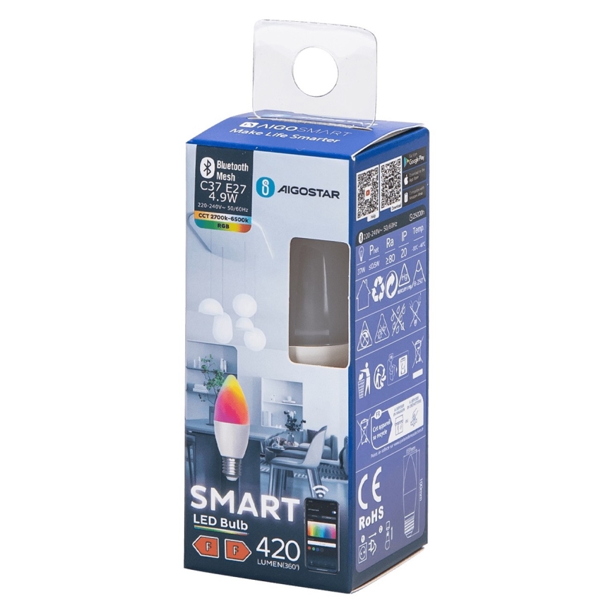 LED RGBW dimbar lampa C37 E27/4,9W/230V 2700-6500K - Aigostar