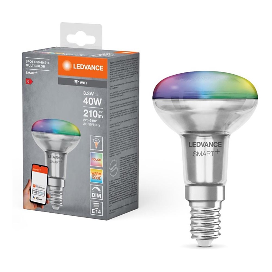 LED RGBW Ljusreglerad strålkastare glödlampa SMART+ R50 E14/3,3W/230V 2700-6500K Wi-Fi - Ledvance