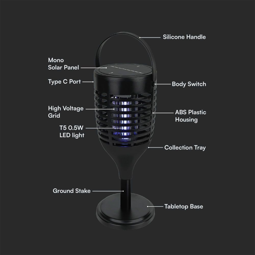 LED Solarmygdfångare 3-i-1 LED/1,3W/3,7V IP24 20 m² 2200 mAh