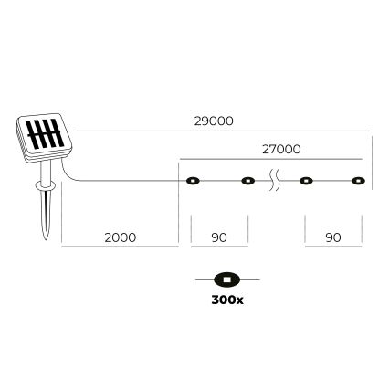 LED - Solcell kedja 300xLED/0,12W/1,2V 1xAA 27 m IP44 3000K 800 mAh