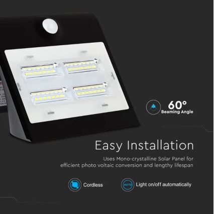 LED Solcell väggbelysning med sensor  LED/3W/3,7V 3000/4000K IP65 svart