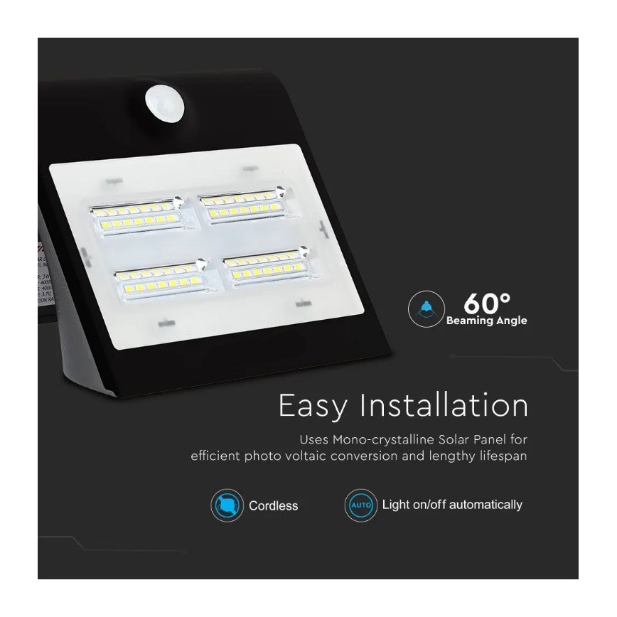 LED Solcell väggbelysning med sensor  LED/3W/3,7V 3000/4000K IP65 svart