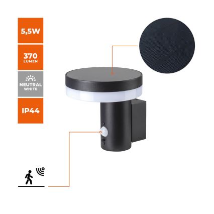LED solcell väggbelysning med sensor SOLARIS3 LED/5,5W/3,7V 4000K IP44 2600 mAh