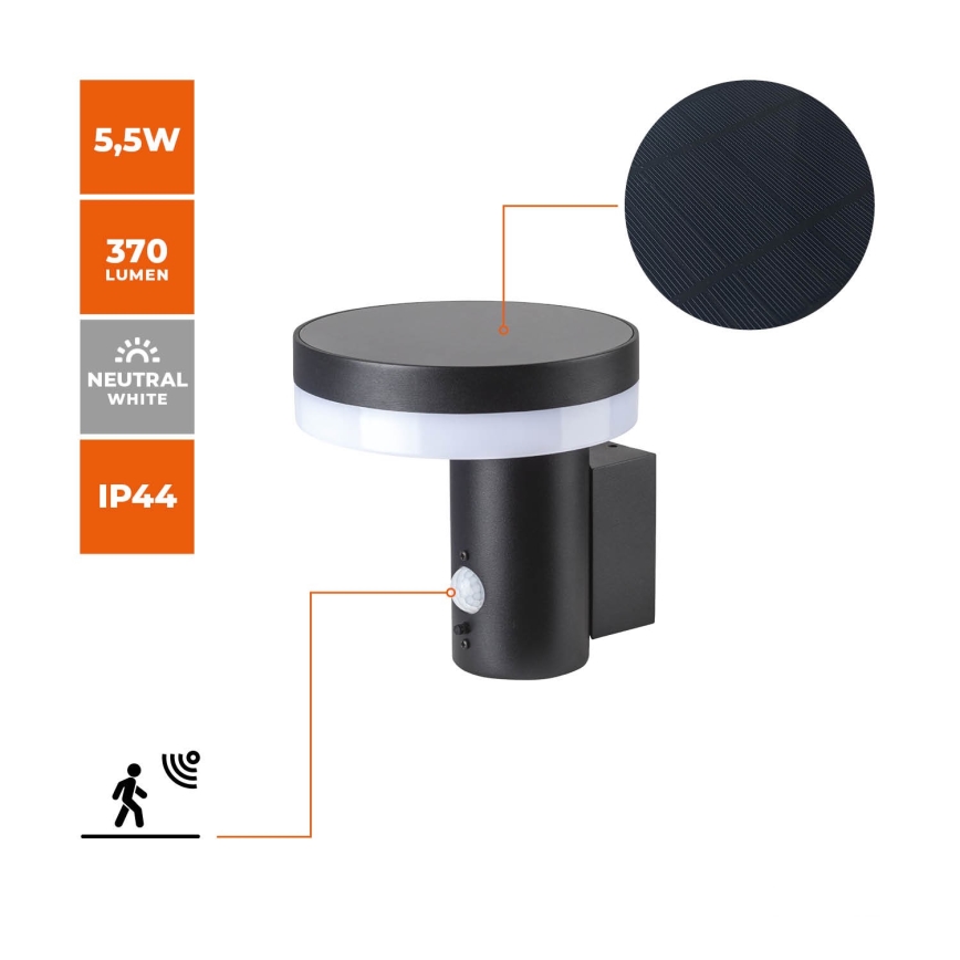 LED solcell väggbelysning med sensor SOLARIS3 LED/5,5W/3,7V 4000K IP44 2600 mAh