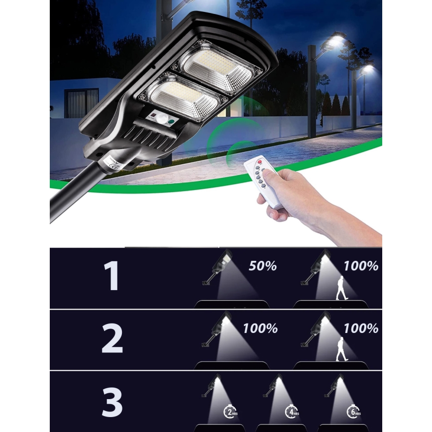 LED Dimbar gatubelysning med sensor LED/120W/6V 6500K IP65 svart + fjärrkontroll