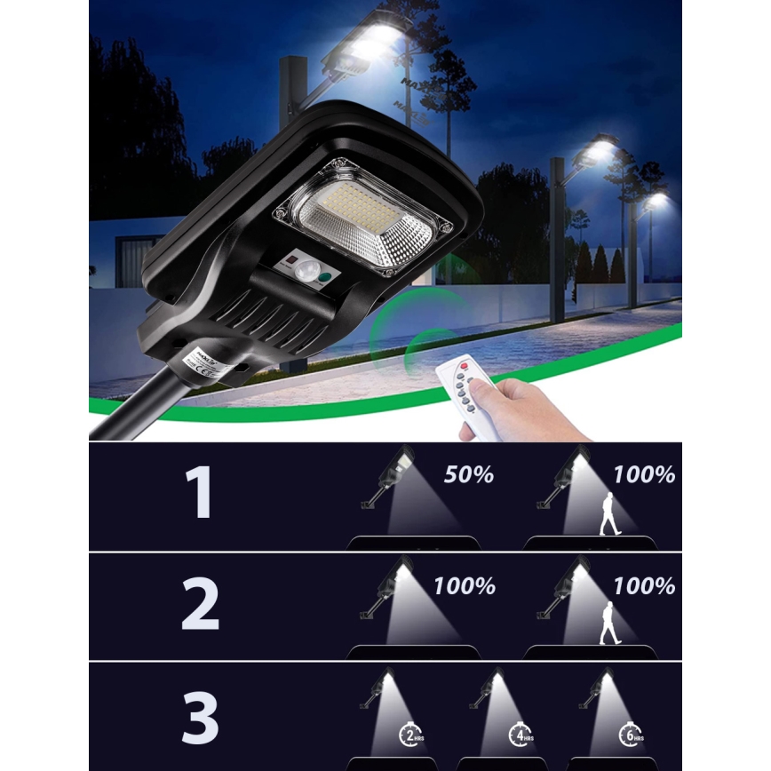 LED Dimbar gatubelysning med sensor LED/150W/6V 6500K IP65 svart + fjärrkontroll