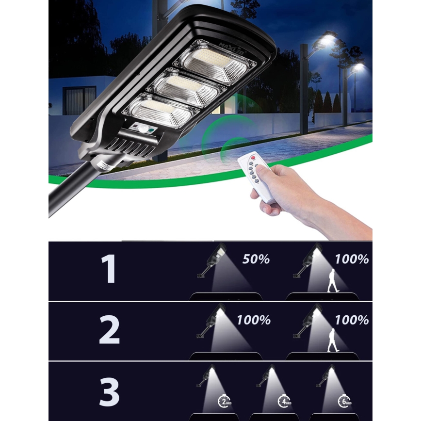 LED Dimbar gatubelysning med sensor LED/180W/6V 6500K IP65 svart + fjärrkontroll