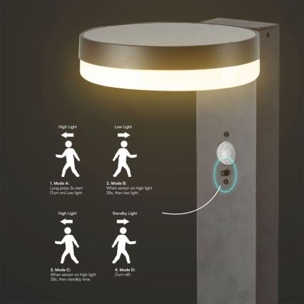 LED solcellslampa med sensor LED/2W/3,7V IP54 3000K rund svart