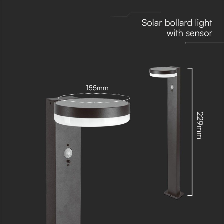 LED solcellslampa med sensor LED/2W/3,7V IP54 3000K rund svart
