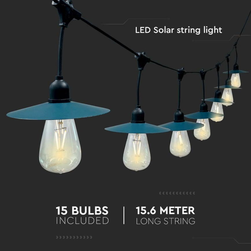 LED solcellsljusslinga 15xLED/0,2W/3,7V 15,6 m 3000K IP44 2400 mAh