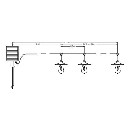 LED solcellsljusslinga 15xLED/0,2W/3,7V 15,6 m 3000K IP44 2400 mAh