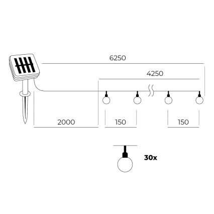 LED solcellsljusslinga 30xLED/0,12W/1,2V 3000K IP44