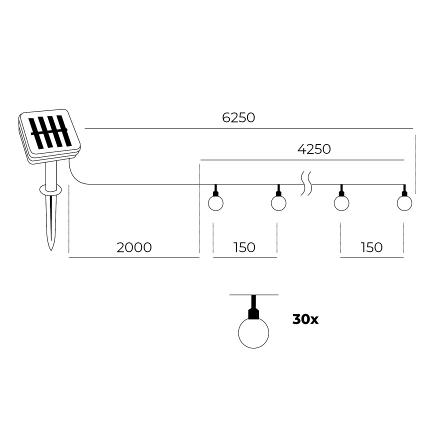LED solcellsljusslinga 30xLED/0,12W/1,2V 3000K IP44