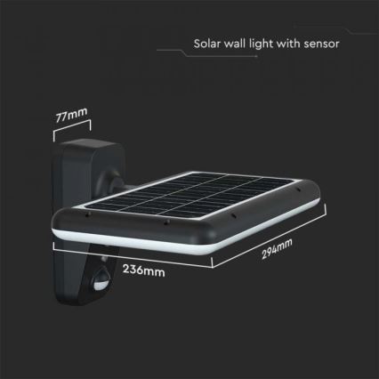 LED solcellsvägglampa med sensor LED/15W/3,2V 4000K/6000K IP65 6000 mAh svart