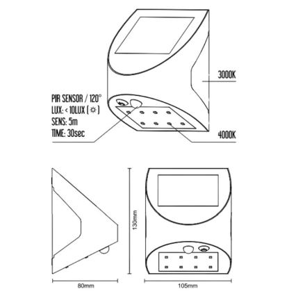LED solcellsvägglampa med sensor LED/3W/3,7V 3000/4000K 1200 mAh IP54 svart