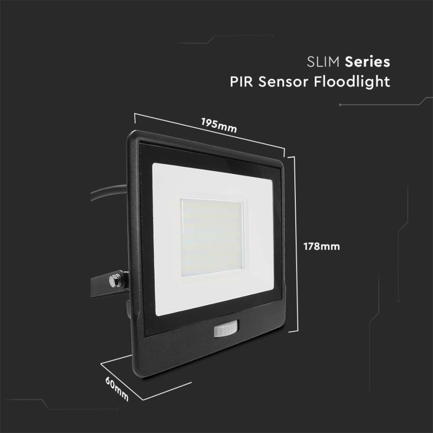 LED strålkastare med sensor LED/50W/230V 4000K IP65 svart