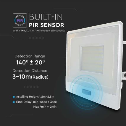LED strålkastare med sensor LED/50W/230V 4000K IP65 vit