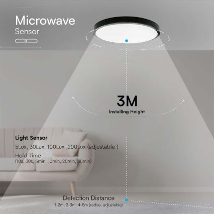 LED taklampa för badrum med sensor LED/18W/230V 4000K IP44 svart + fjärrkontroll