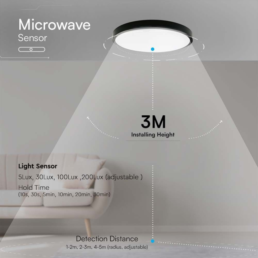 LED taklampa för badrum med sensor LED/18W/230V 4000K IP44 svart + fjärrkontroll