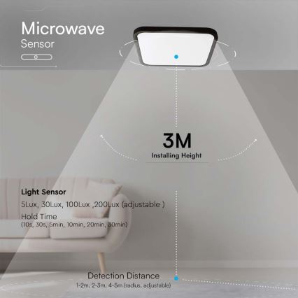 LED taklampa för badrum med sensor LED/18W/230V 4000K IP44 svart + fjärrkontroll