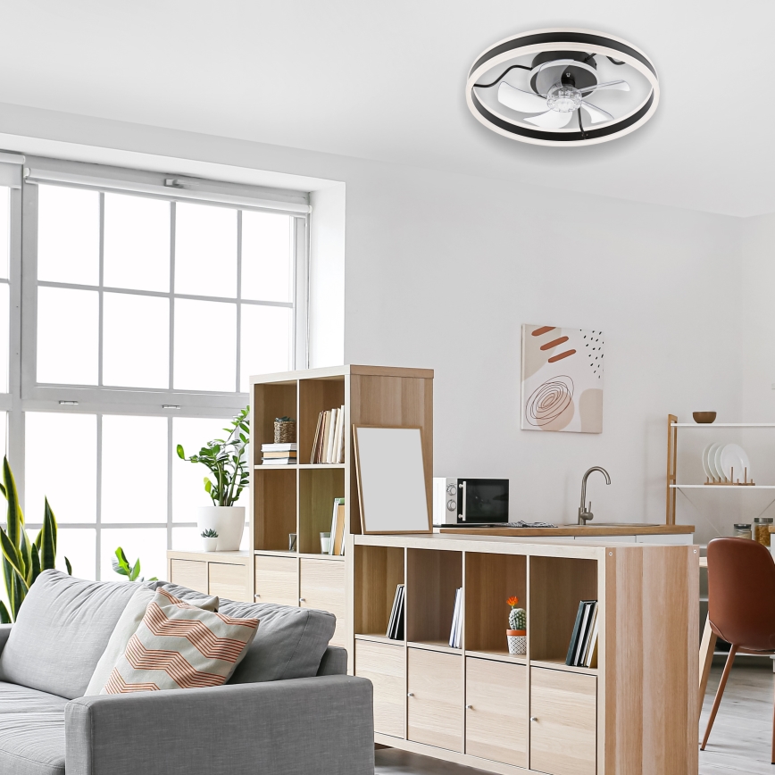 LED Dimbar taklampa med fläkt APOLLO LED/38W/230V svart + fjärrkontroll