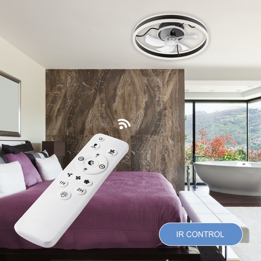 LED Dimbar taklampa med fläkt APOLLO LED/38W/230V svart + fjärrkontroll