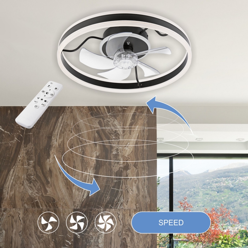 LED Dimbar taklampa med fläkt APOLLO LED/38W/230V svart + fjärrkontroll